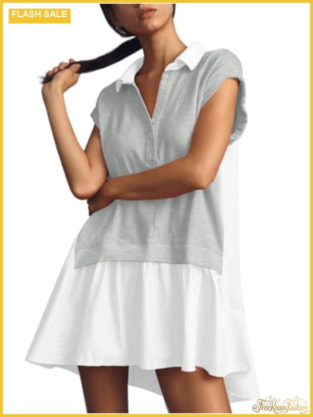 Oversized Patchwork Mini Dress V-Neck Short Sleeve Summer Sweatshirt Dress